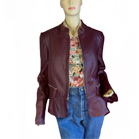 WHITE HOUSE BLACK MARKET BURGUNDY GENUINE LEATHER PEPLUM JACKET (XL) - Picture 7 of 14